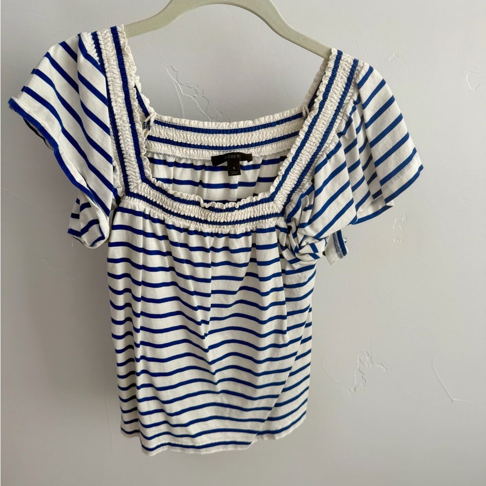 J. Crew White Top with Blue Stripes and Smocked Square Neck